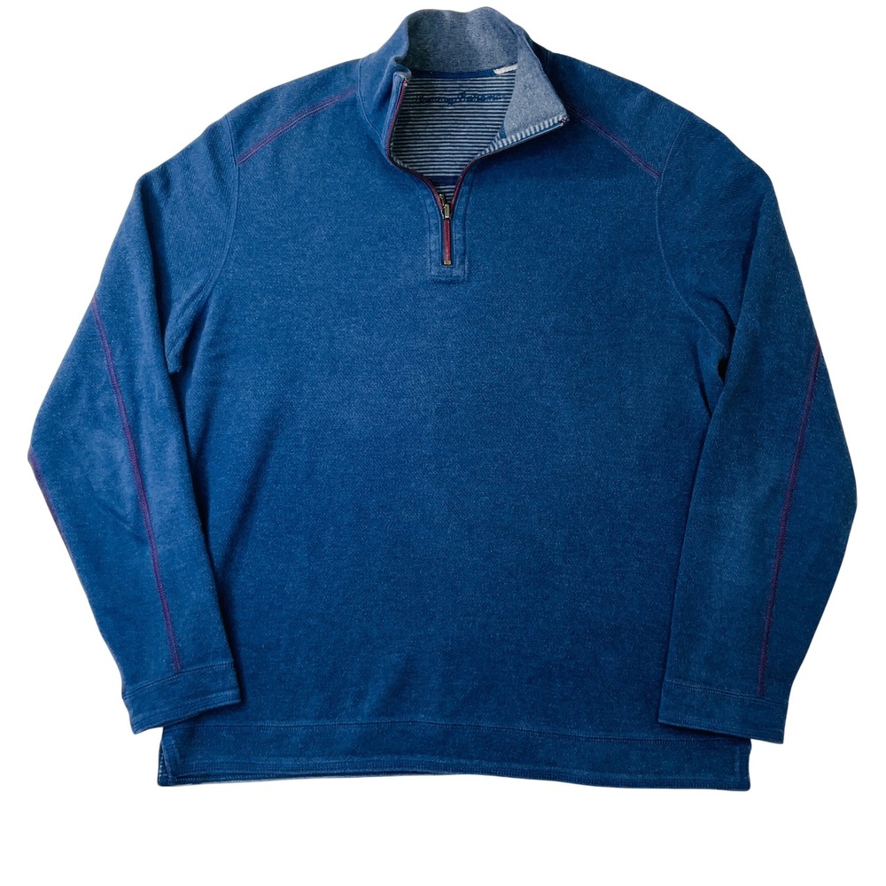 Tommy Bahama Men Blue Reversable Quarter Zip Pullover Sweater Contrast Stitching